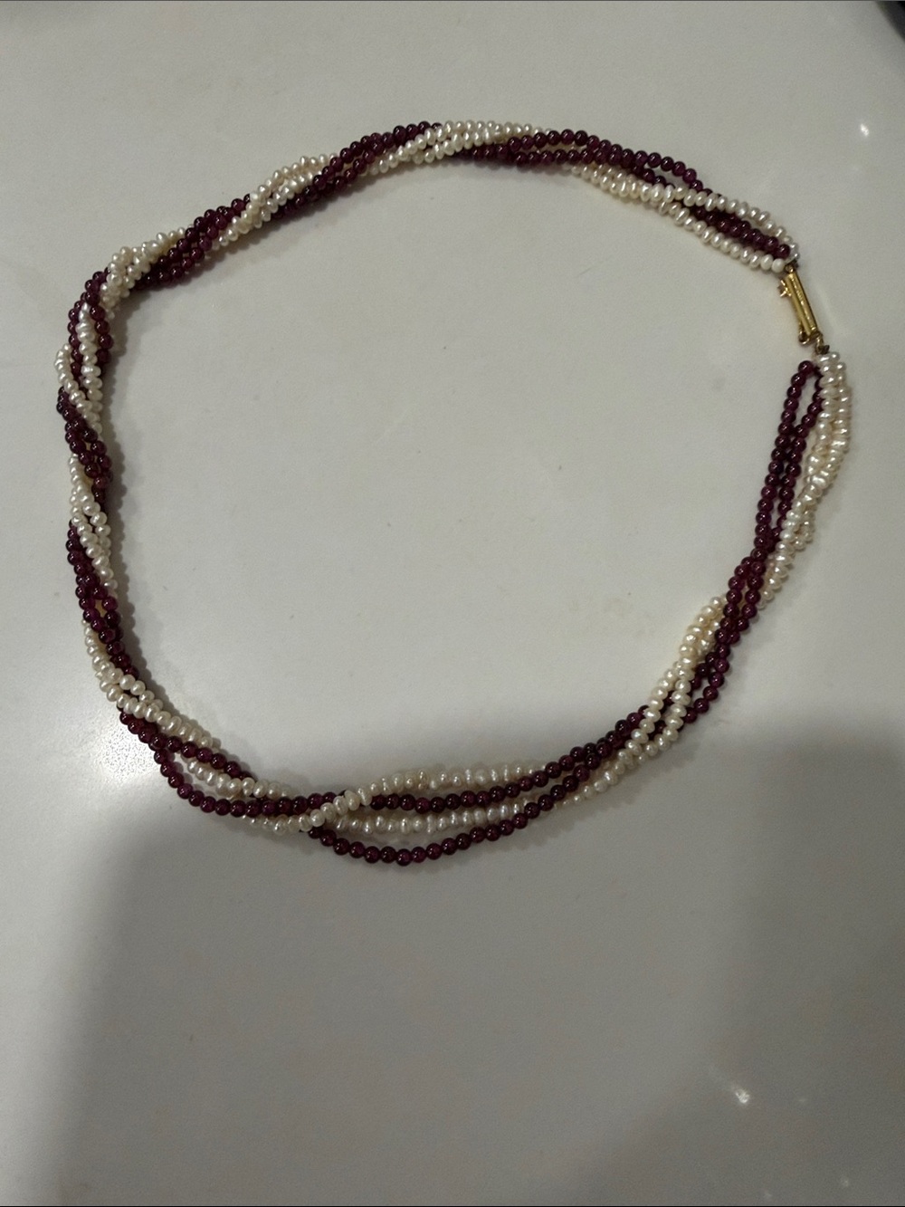 Twisted Pearl and Garnet Bead Necklace